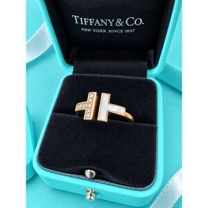 Tiffany Co. T Wire Ring with Diamonds and Mother Of Pearl, Rose Gold, sz 6.5
